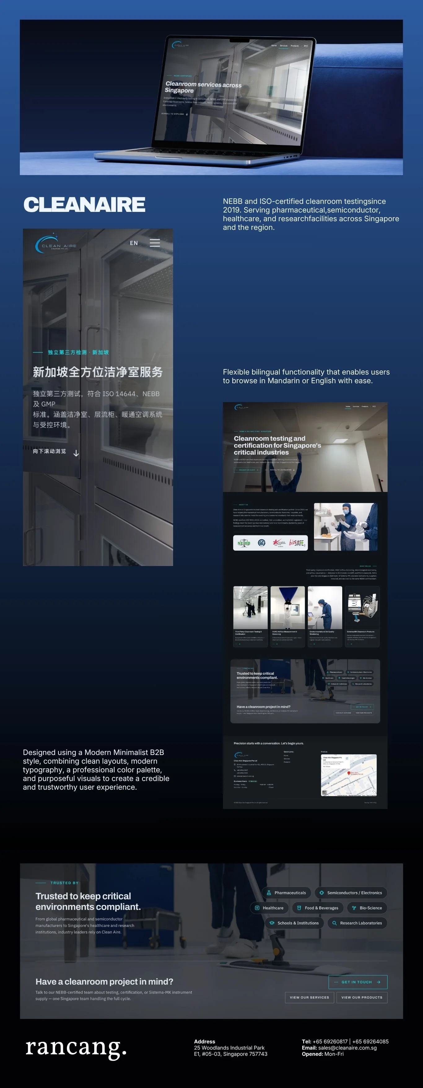 Clean Aire website — bilingual EN and Mandarin, full desktop and mobile views